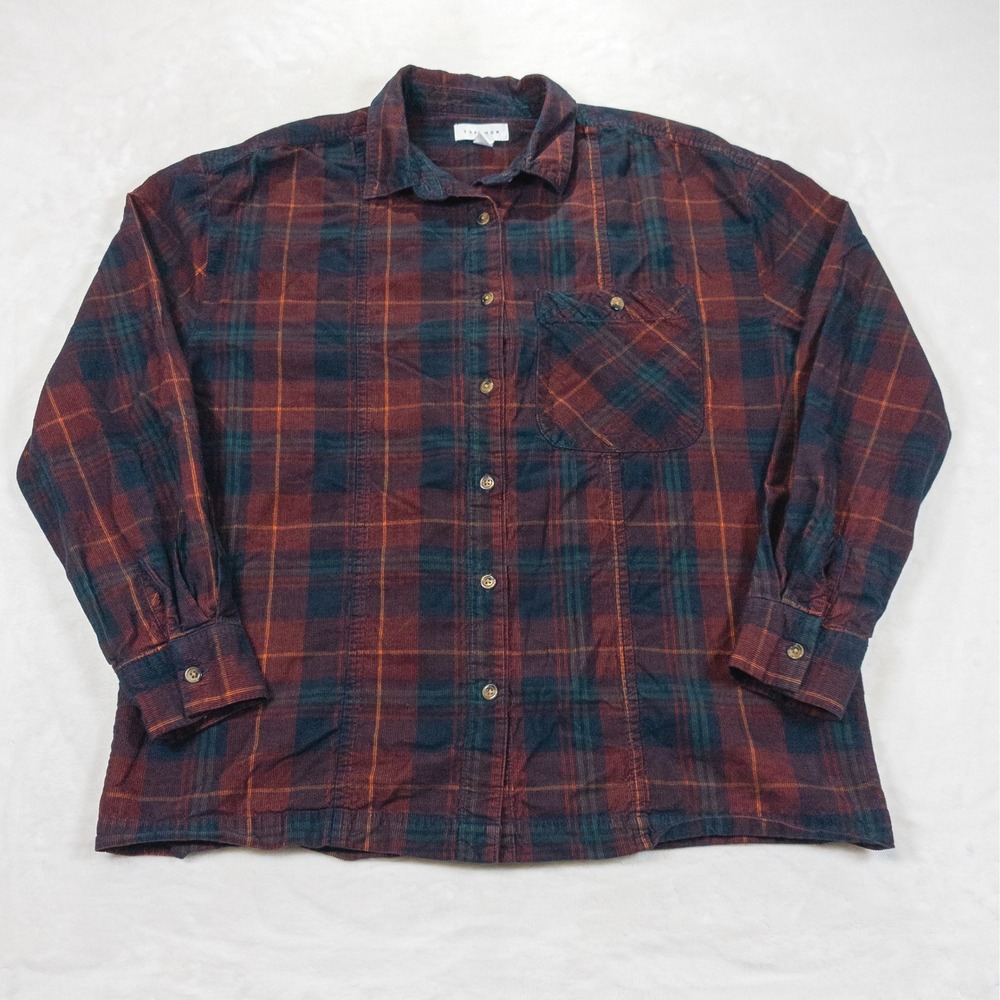 Topshop Plaid Shirt Top Women 4 Maroon Tartan Ribbed Preppy Dark Academia Grunge